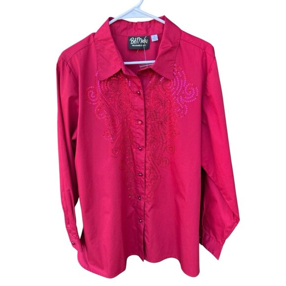 Womens Bob Mackie Embellished Wearable Art Red Button Shirt Size L Sequins NWT‎ - Picture 1 of 8